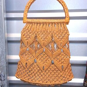 Vintage Boho Woven Wicker Macrame Purse With Bamboo Handles.